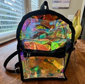 Iridescent Holographic PVC Mini Backpack Purse, Multicolor Rainbow, Zip Pockets